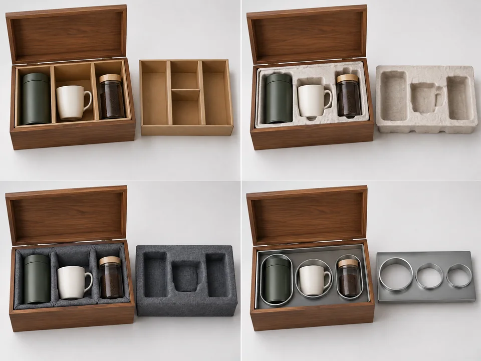 Interior divider and tray options for wooden tea and coffee gift box