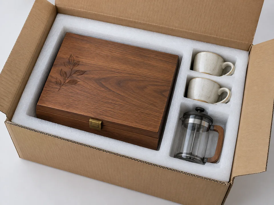 Custom wooden tea and coffee gift box protected in EPE foam and carton