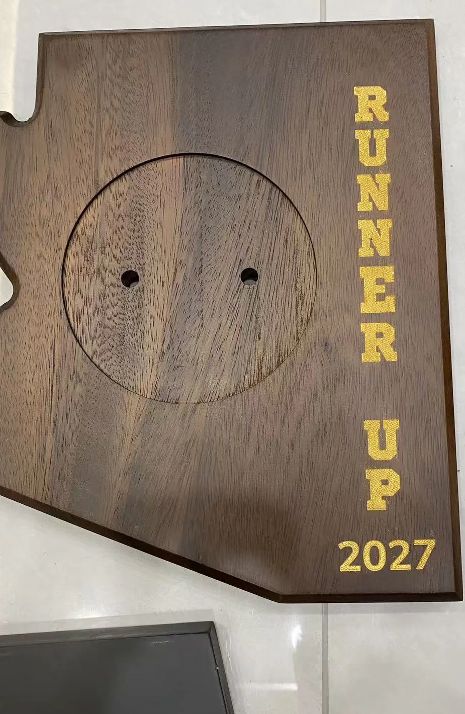 Dark wood trophy face with unbranded gold-fill runner-up lettering