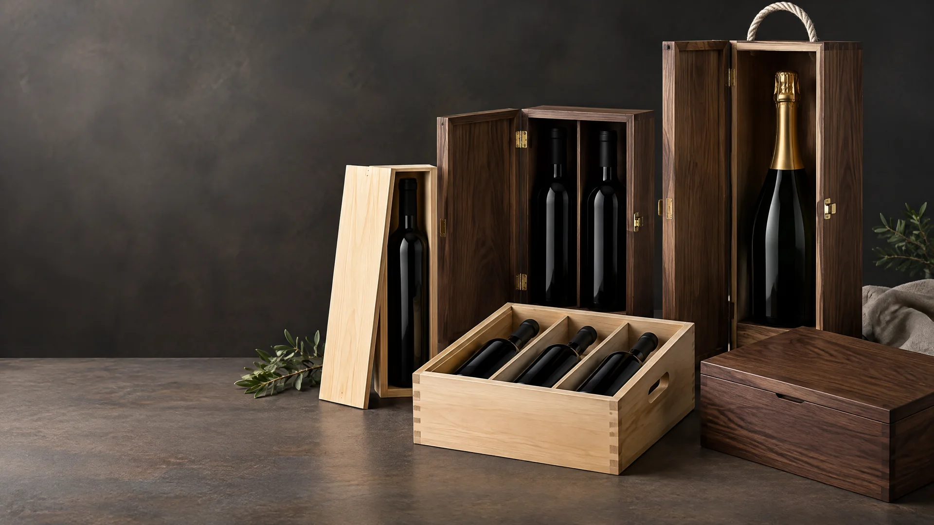 Unbranded family of custom wood wine, champagne, and bottle presentation boxes