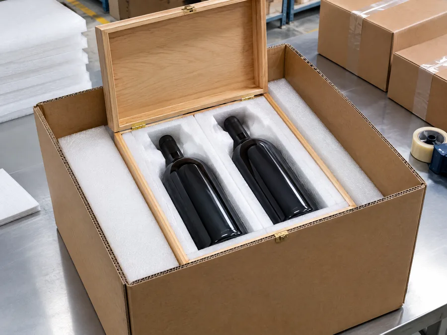Unbranded custom wood wine box protected in fitted EPE foam inside corrugated export carton
