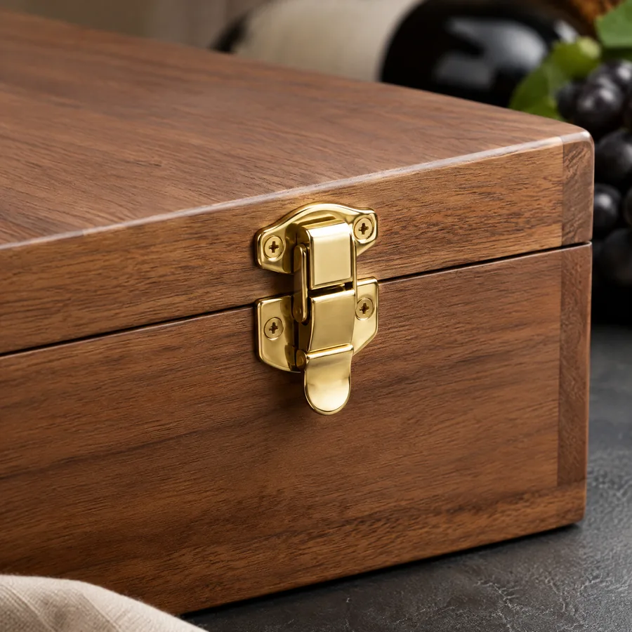 Unbranded brass latch on a custom wood wine box