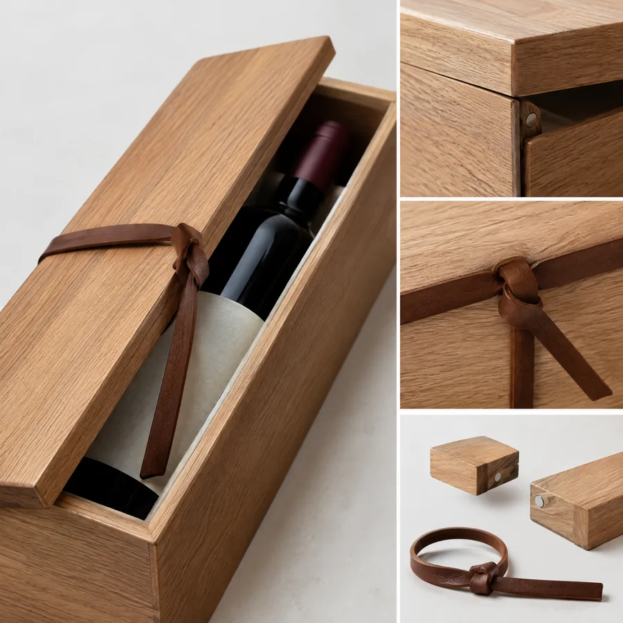 Unbranded wood wine box with magnetic or tie closure direction