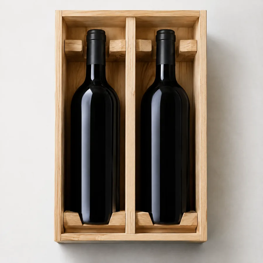 Unbranded wood divider system inside a two-bottle wine box