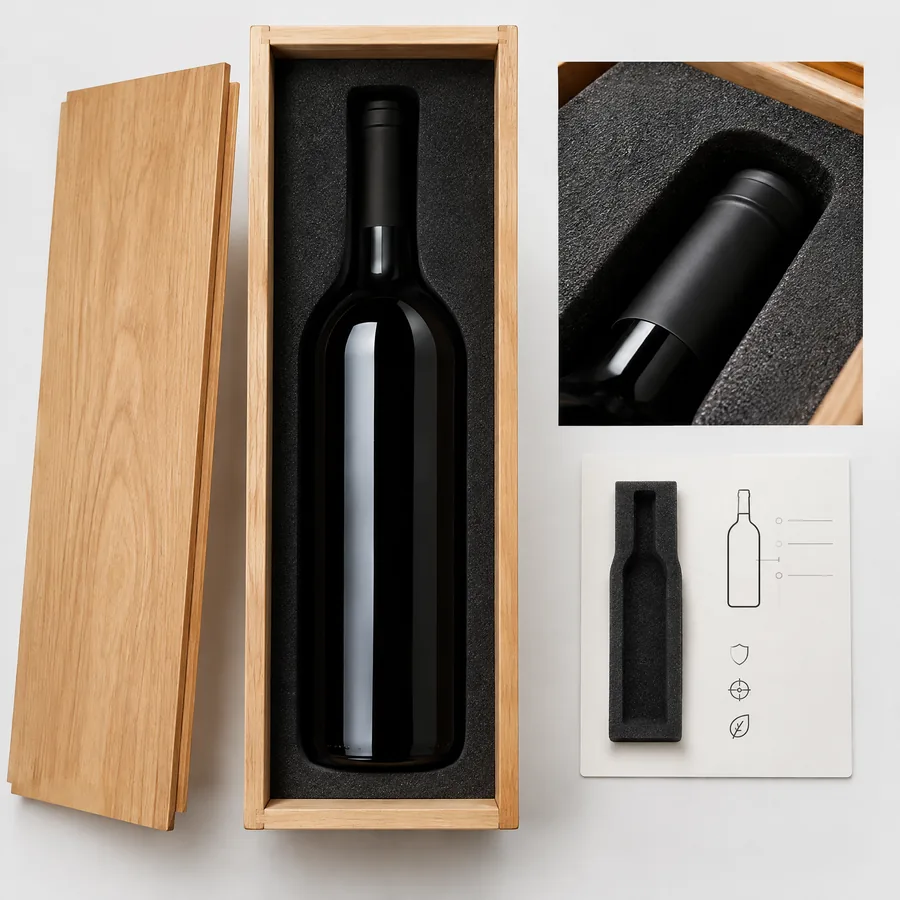 Unbranded fitted foam bottle cavity inside a wooden wine box