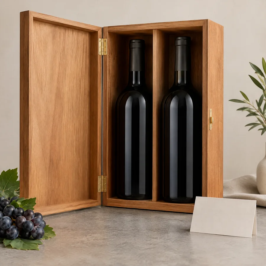 Unbranded two-bottle wood wine box with central divider