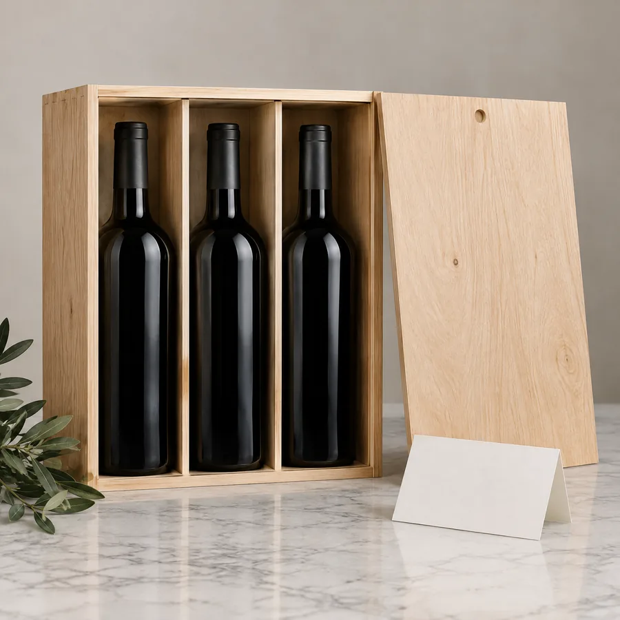 Unbranded three-bottle wood wine crate with divider compartments