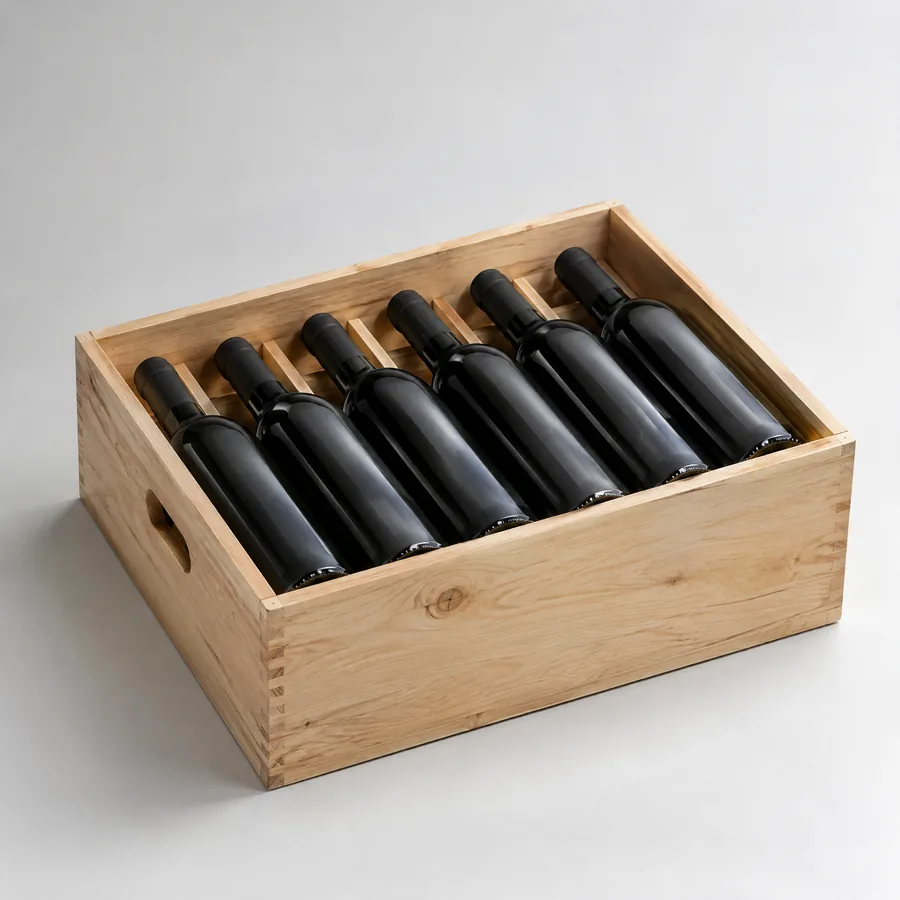 Unbranded wood wine crate with die-cut grip
