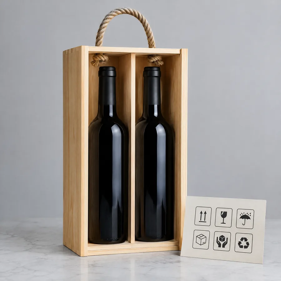Unbranded custom wood wine box with rope handle direction