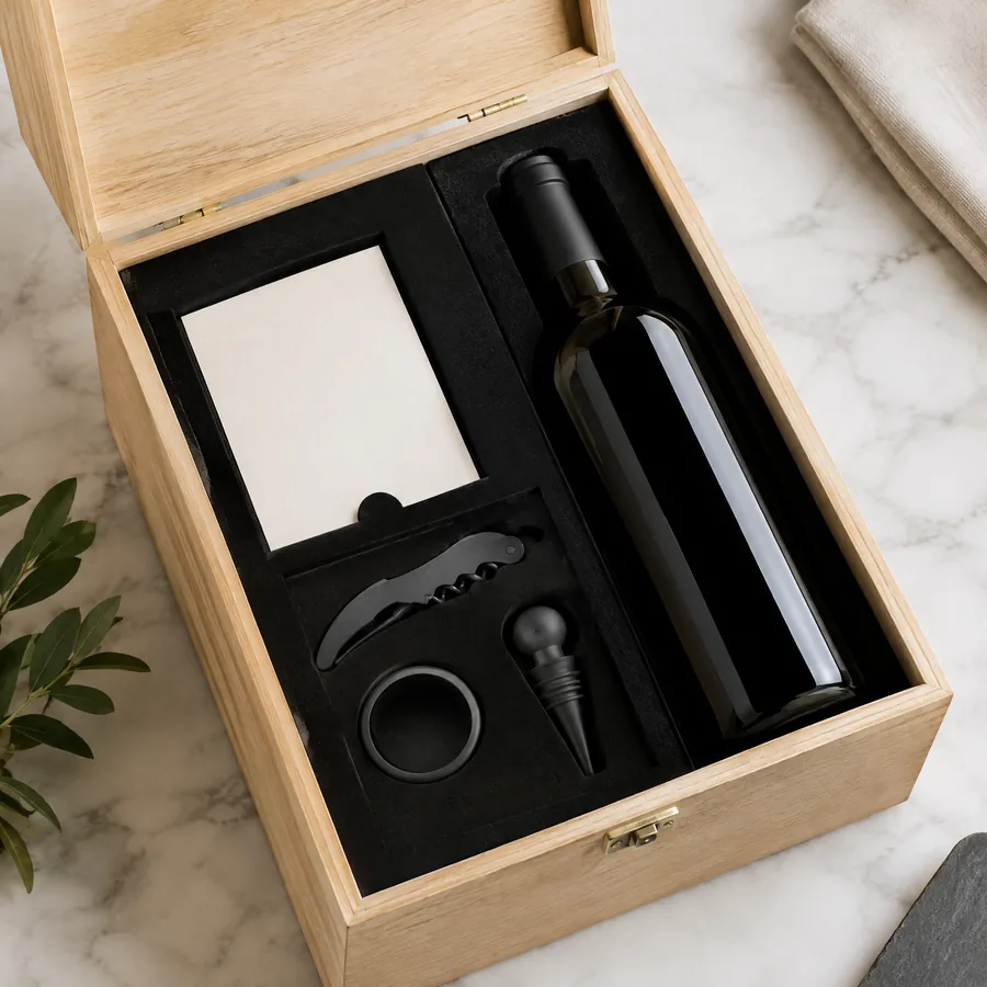 Unbranded accessory zone inside a custom wood wine gift box