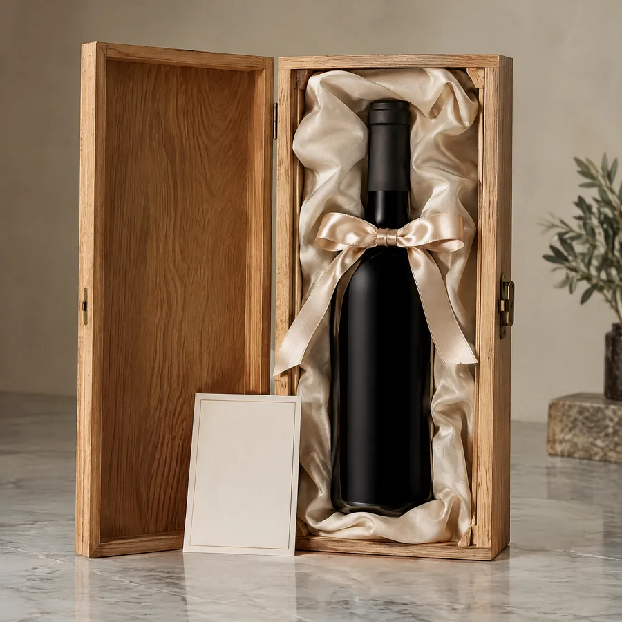 Unbranded fabric and ribbon presentation insert in a wooden wine box
