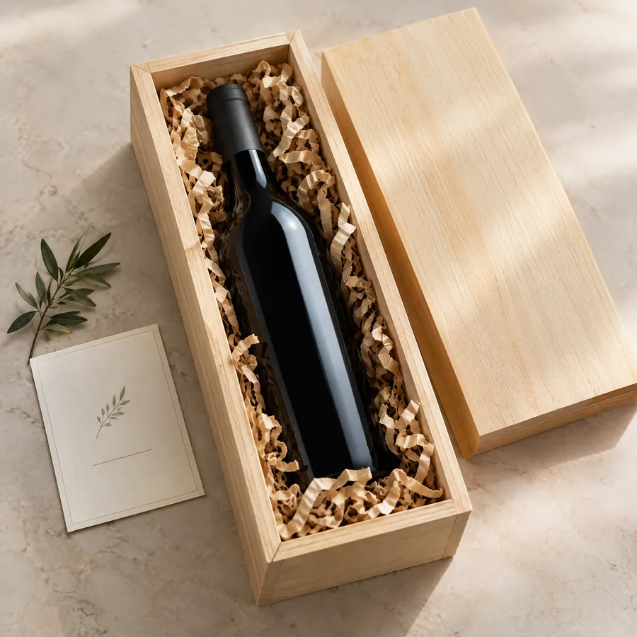 Unbranded paper filler presentation inside a wooden wine gift box