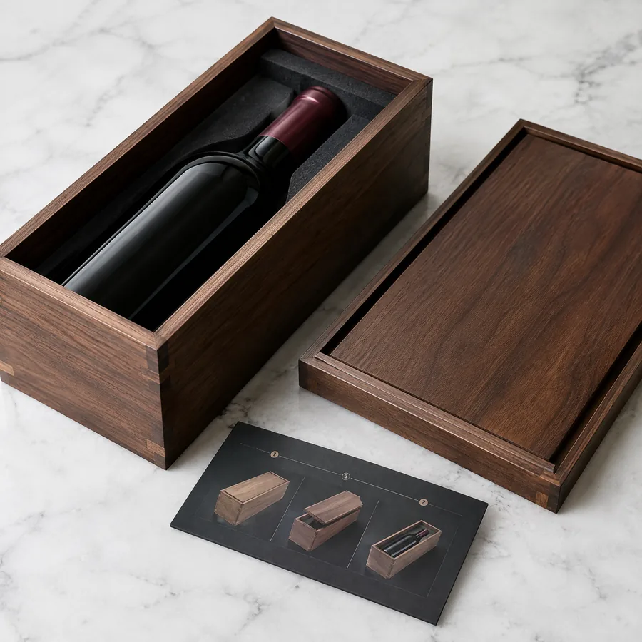 Unbranded wood wine box with lift-off inset lid