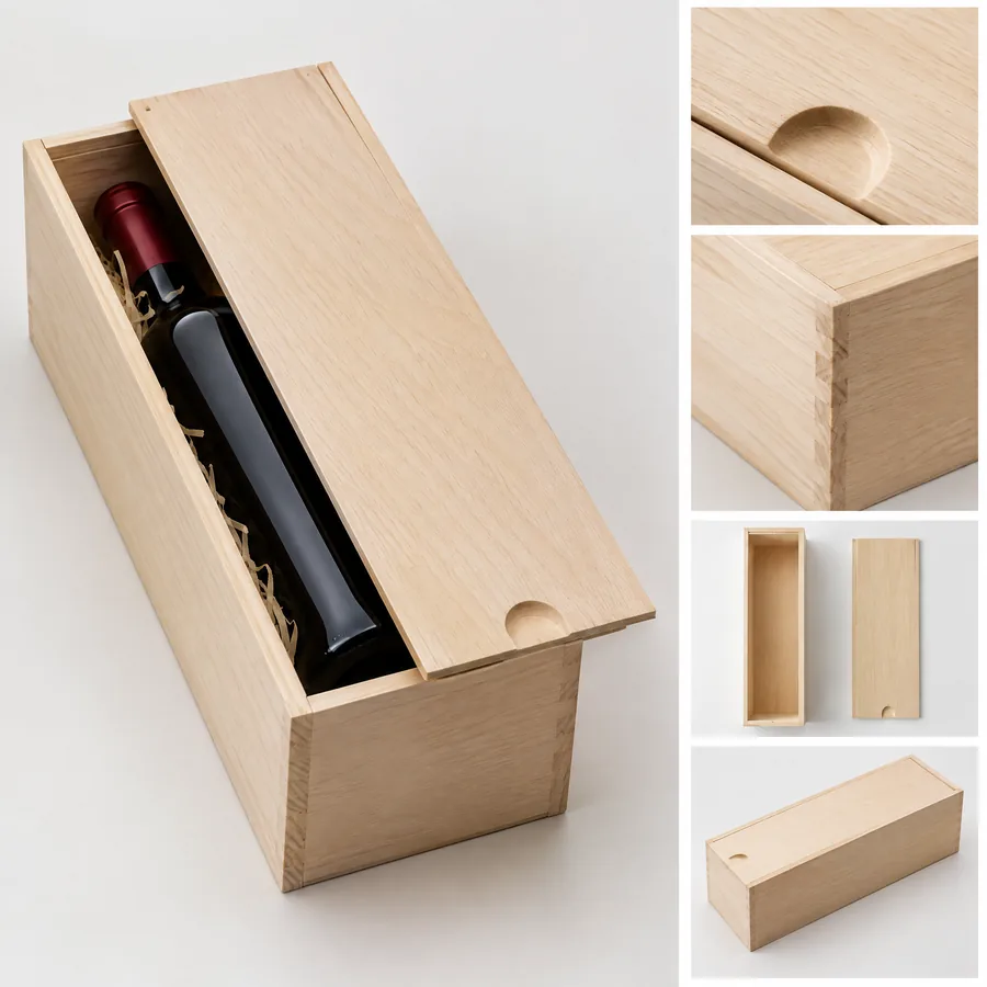 Unbranded wood wine box with sliding lid and finger pull