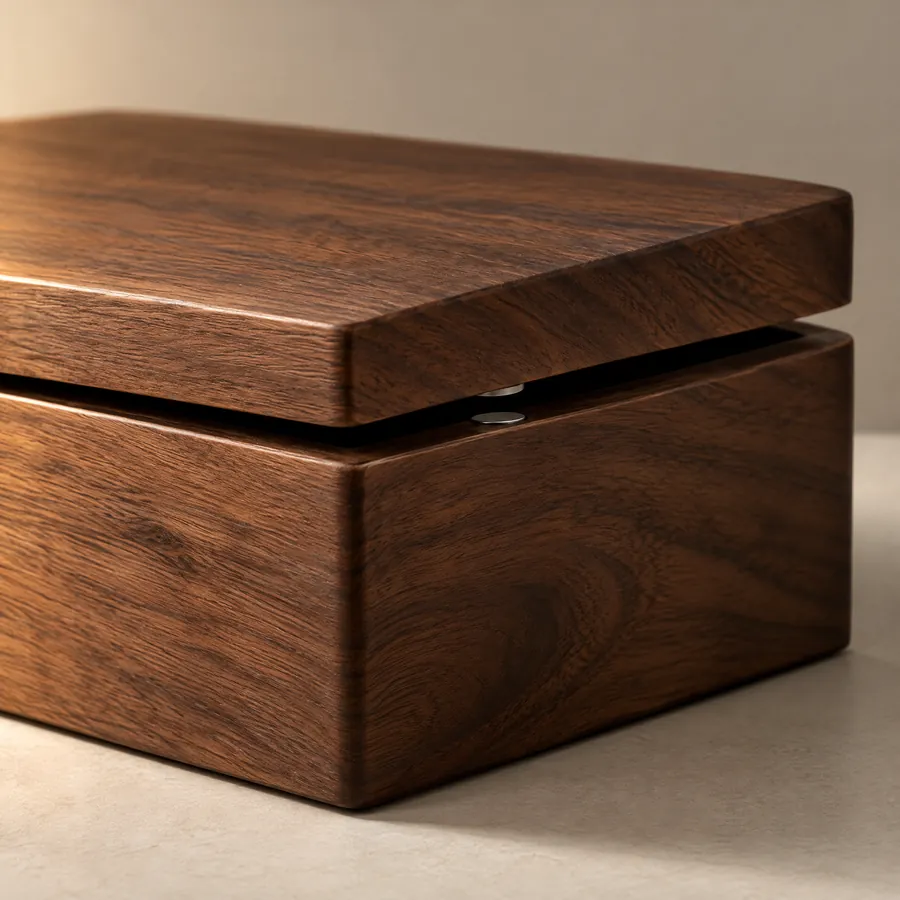 Concealed magnetic closure on an unbranded dark walnut wooden box