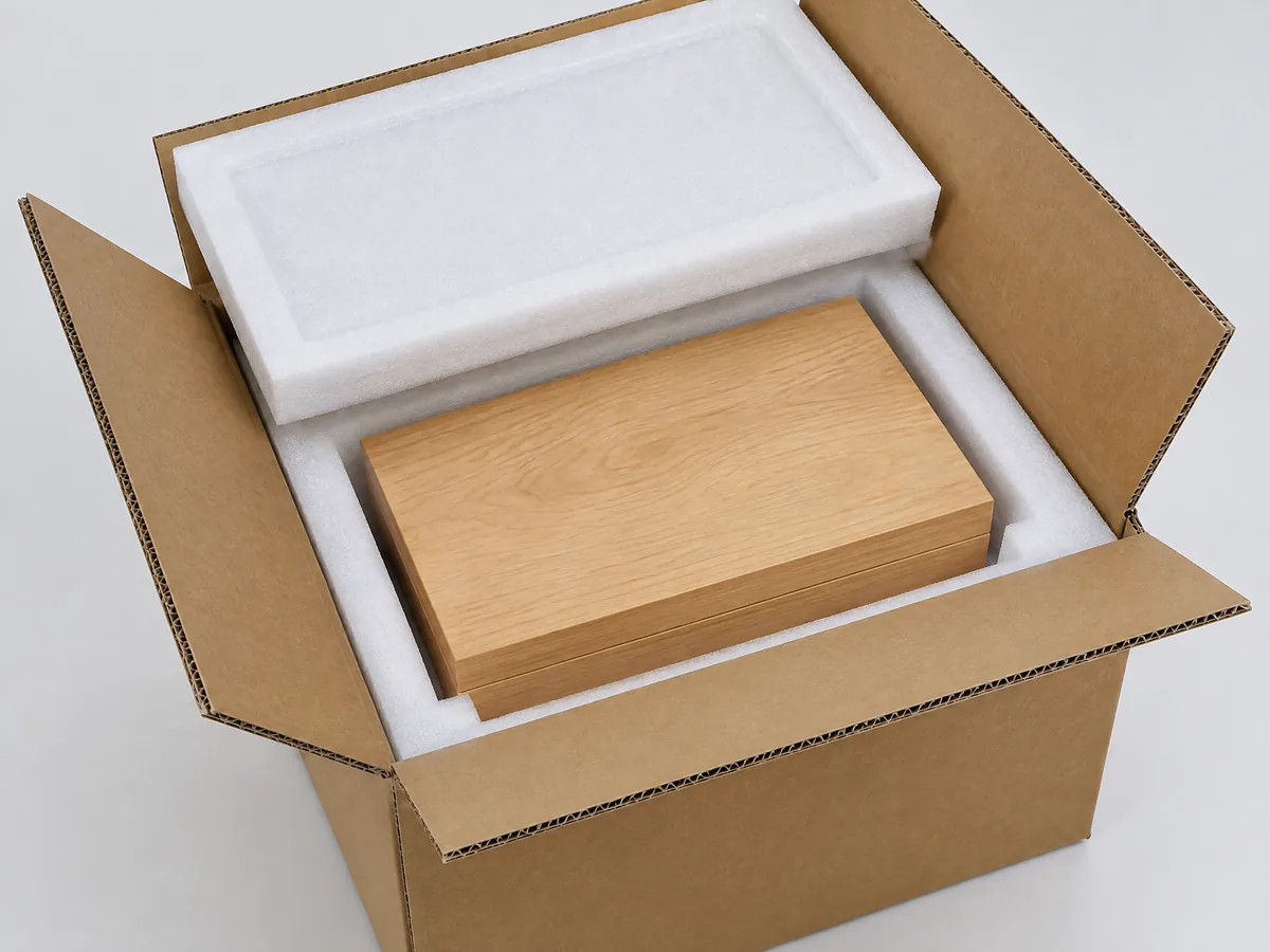 Unbranded custom wood box seated in a fitted EPE foam cavity inside a corrugated shipping carton