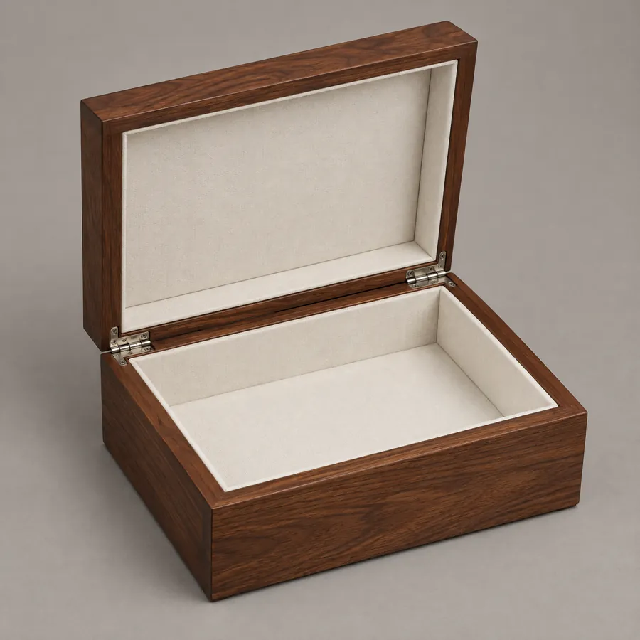 Unbranded walnut hinged presentation wood box