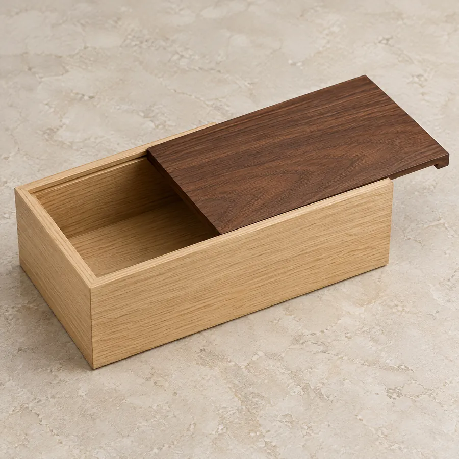 Unbranded oak sliding-lid wood box