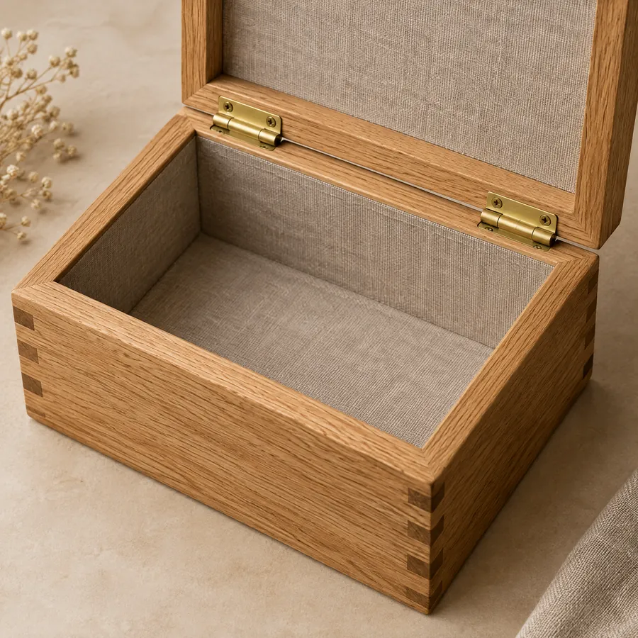 Hinges fitted to an unbranded oak wooden box