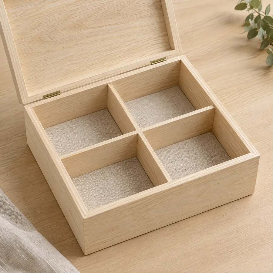 Custom wood divider compartments inside an unbranded wooden box