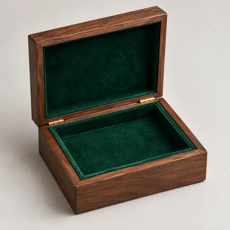 Velvet-lined recessed tray inside an unbranded wooden presentation box