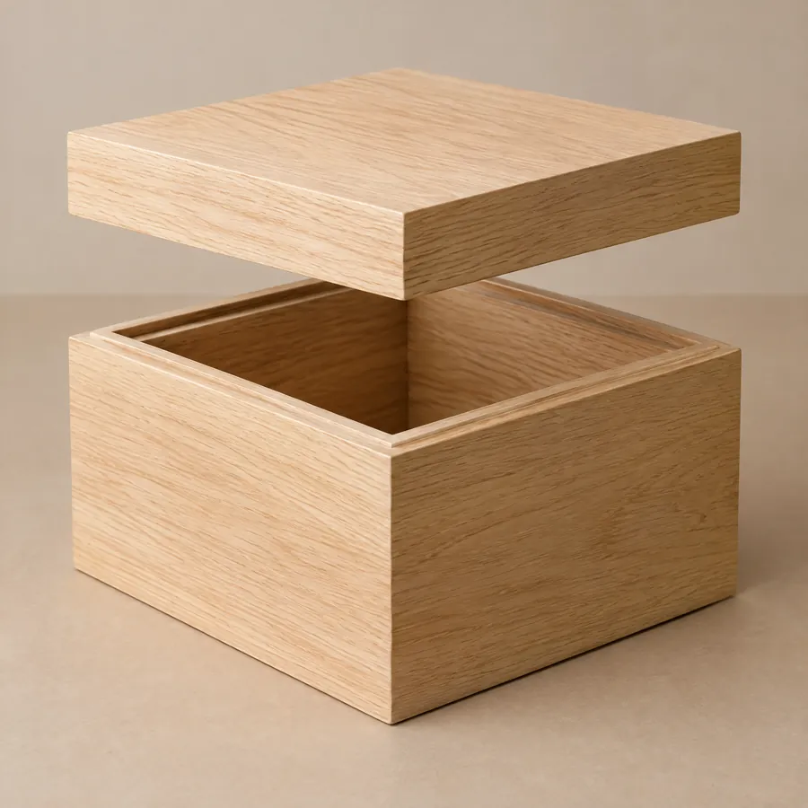 Lift-off lid construction on an unbranded wooden box