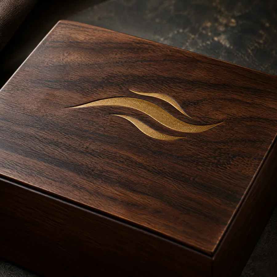 Unbranded dark wooden box with abstract gold-filled engraved detail