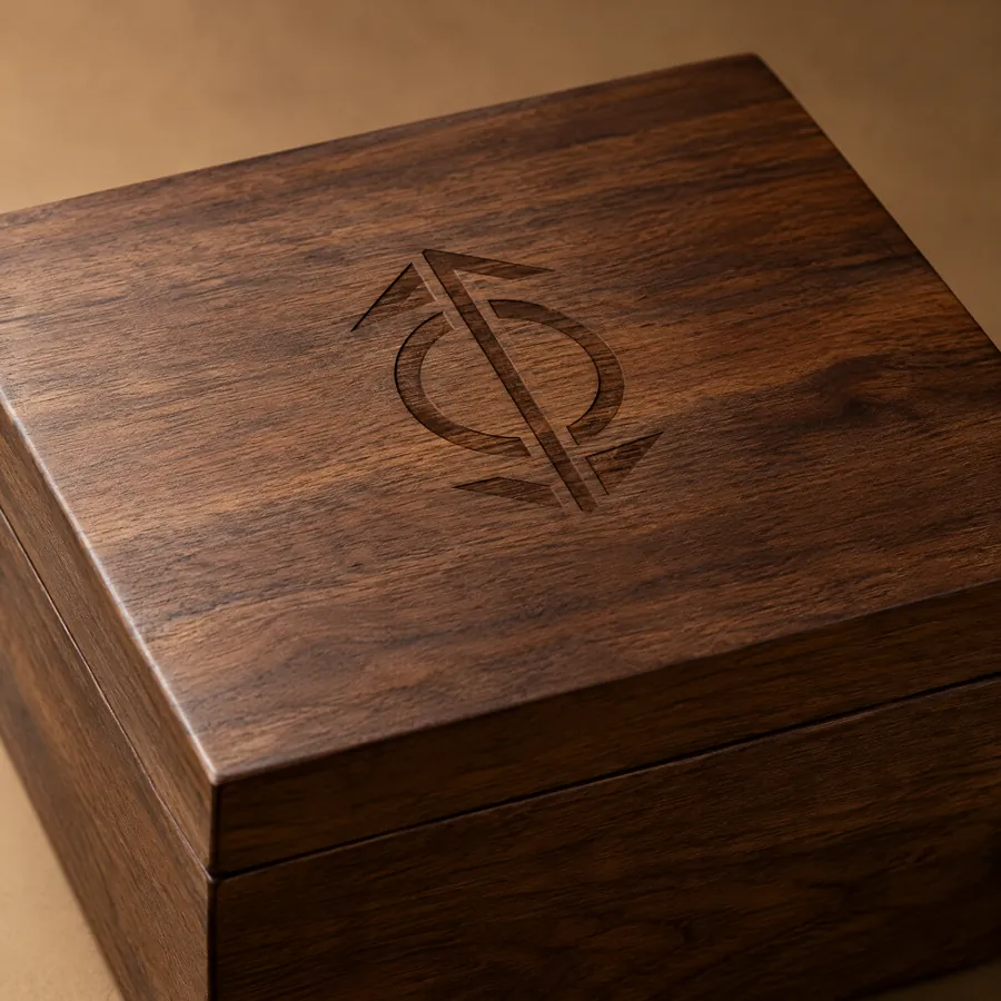 Unbranded wooden box with subtle laser engraved abstract marking