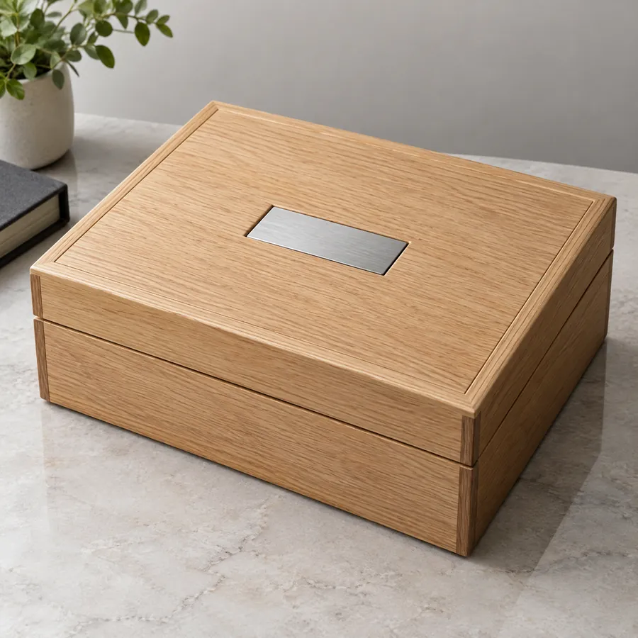 Unbranded wooden box with blank inset metal nameplate