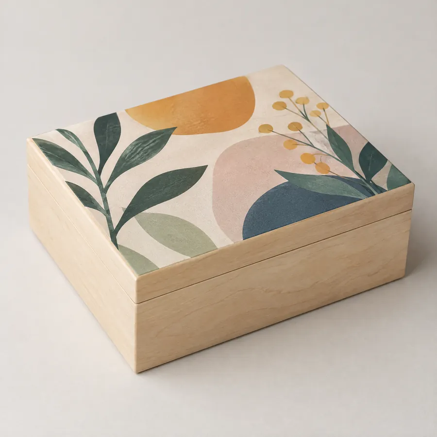 Unbranded wooden box with abstract full-colour print on its lid