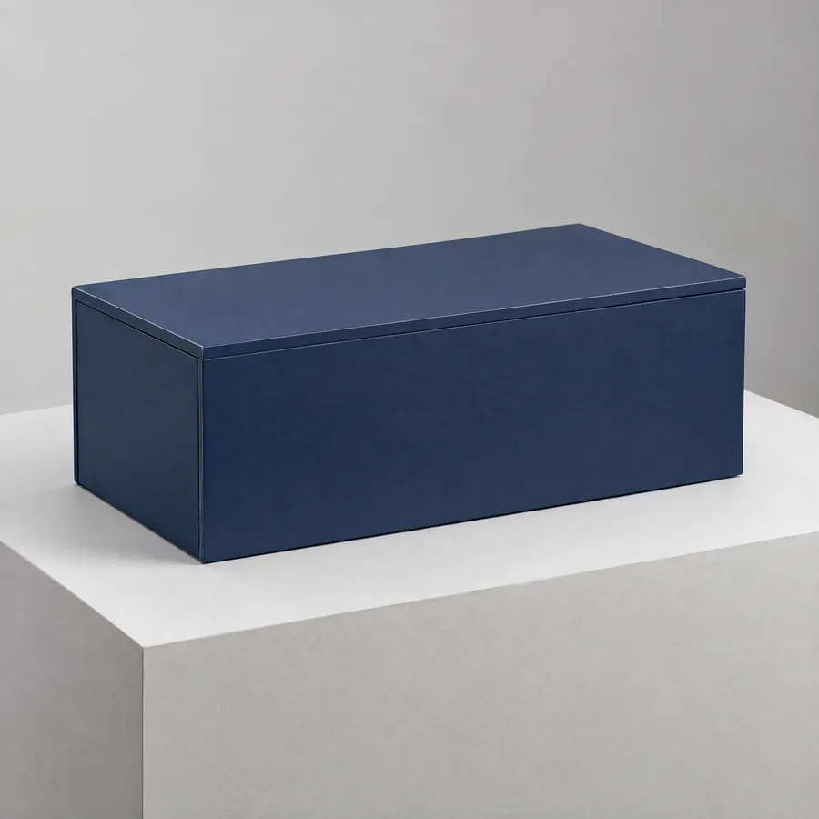 Unbranded wooden box with a coloured printed surface finish reference