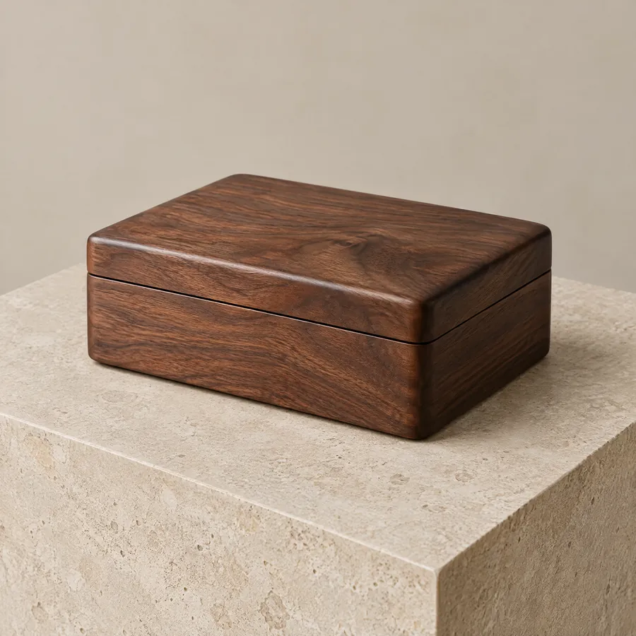 Unbranded custom wooden box made from dark solid walnut