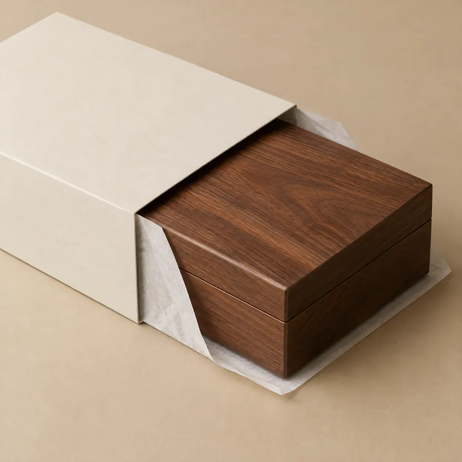 Unbranded wooden box partially inside a plain retail sleeve