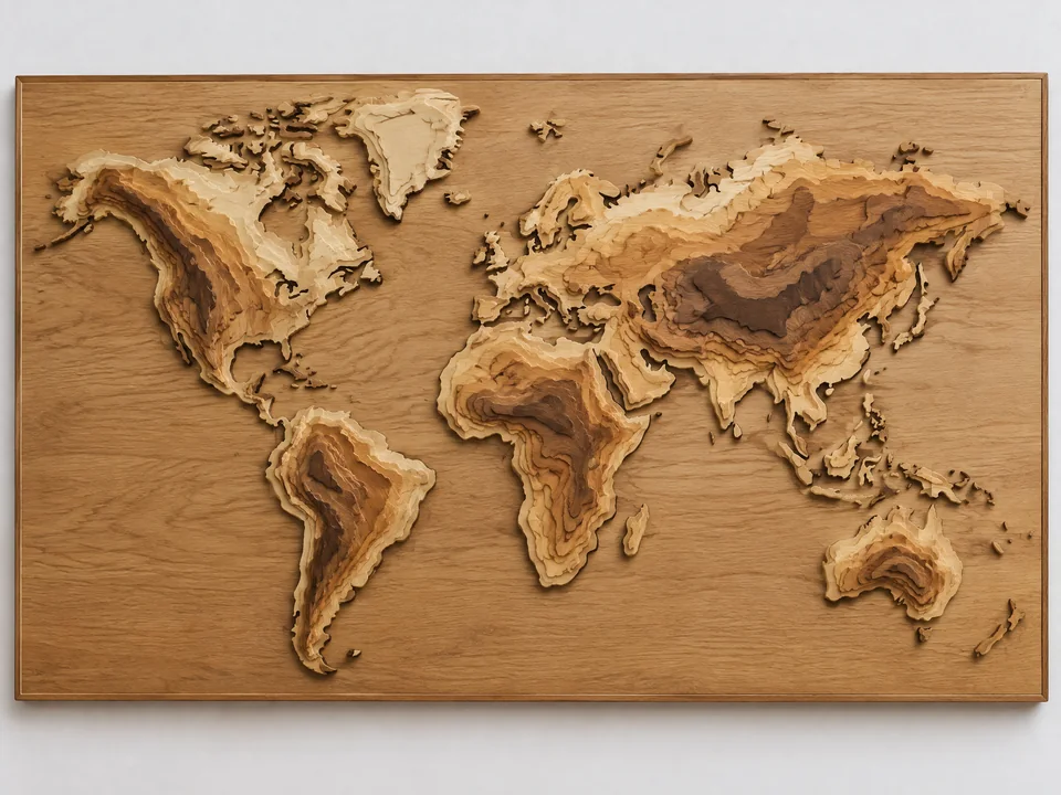 Custom carved terrain wood world map panel