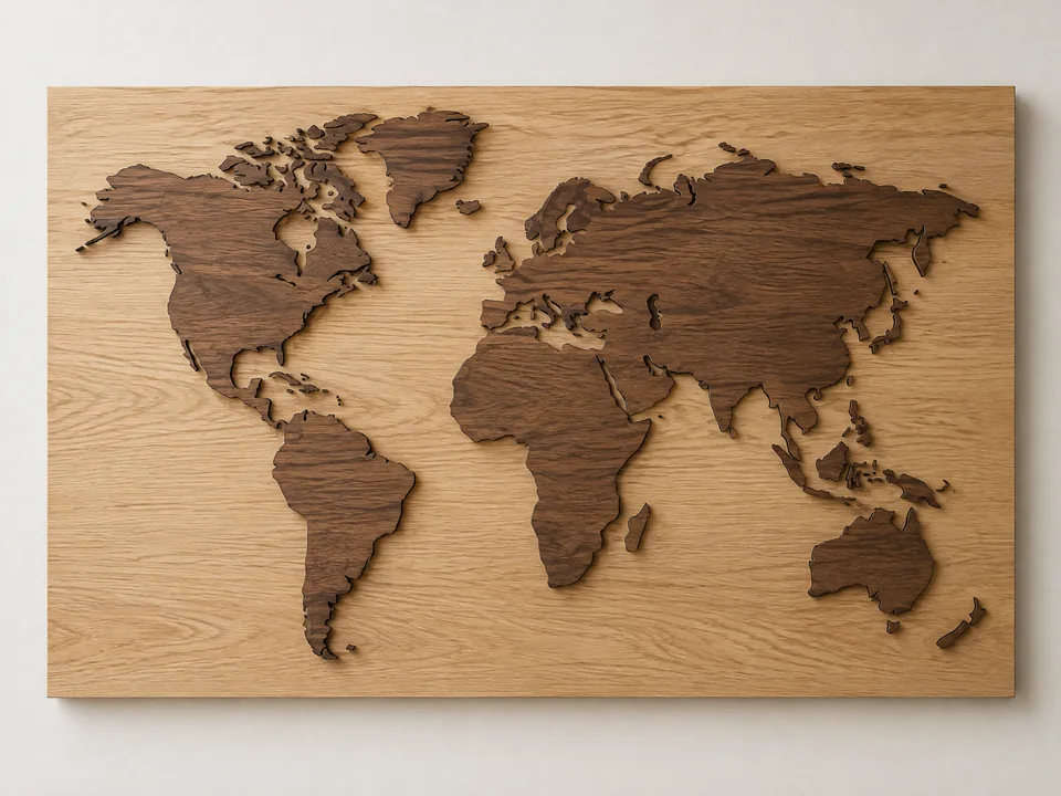 Custom continuous layered wood world map wall art