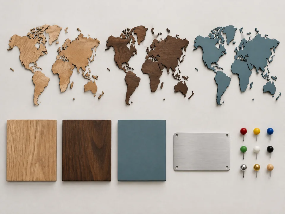 Custom wood world map finish and brand layer options