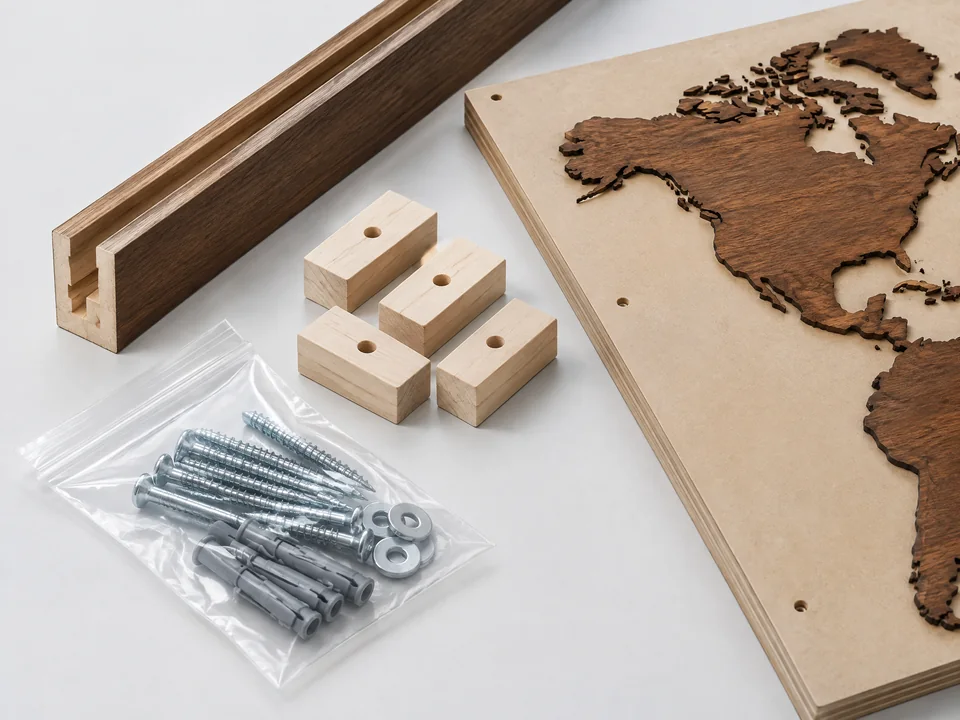Project review mounting components for custom wood world map