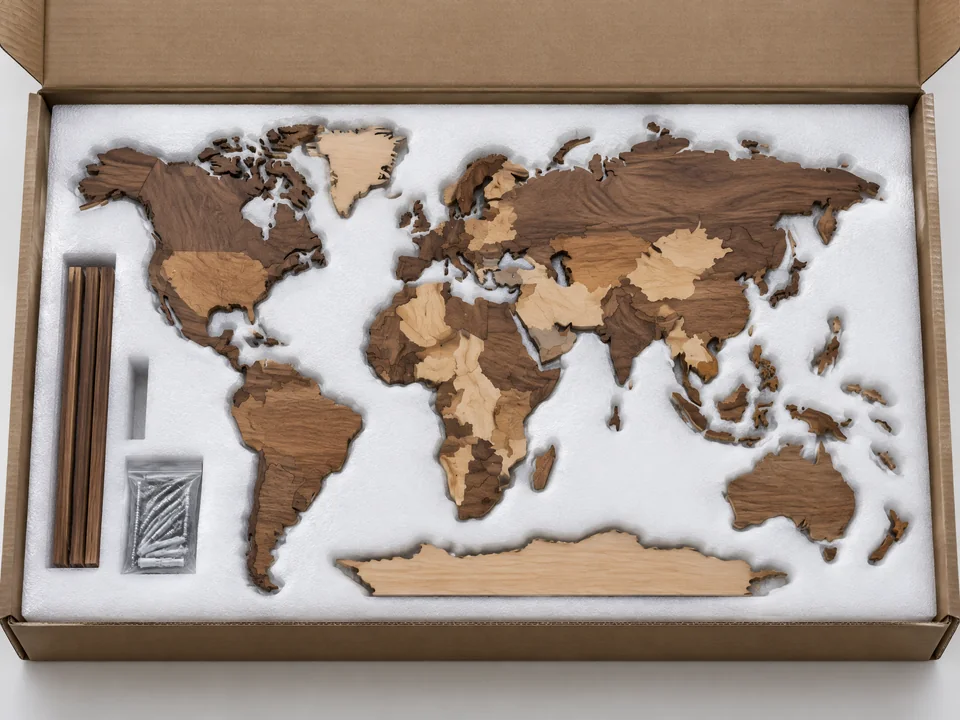 Custom 3D wood world map components packed in EPE foam and corrugated carton
