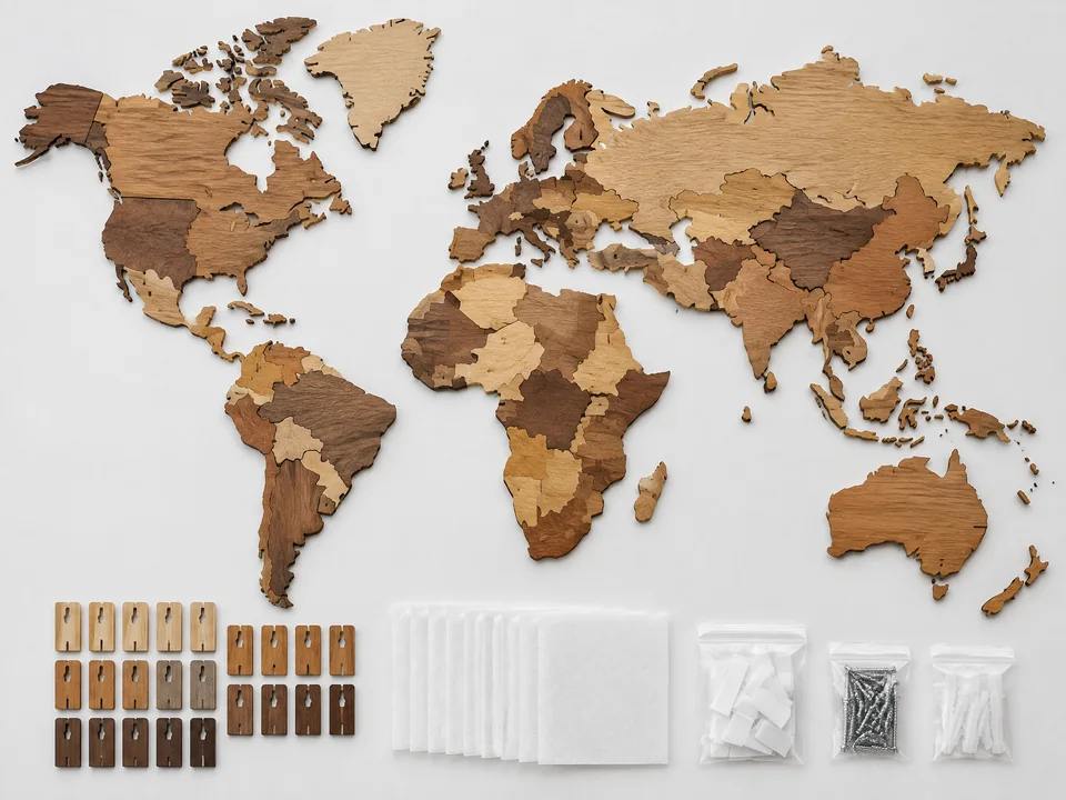Custom sectional wood world map wall art kit